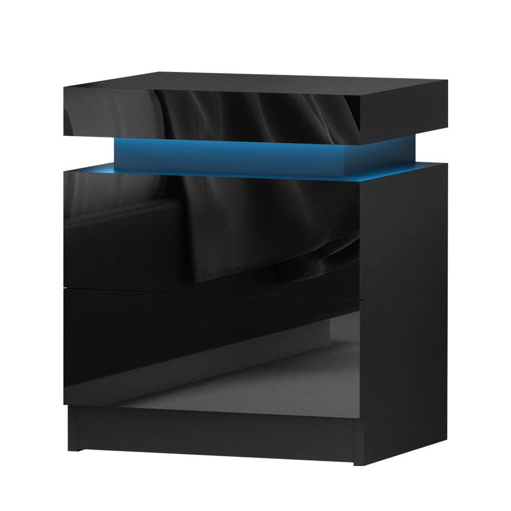 Artiss Bedside Table LED 2 Drawers Lift-up Storage - COLEY Black-Bedside Tables-PEROZ Accessories
