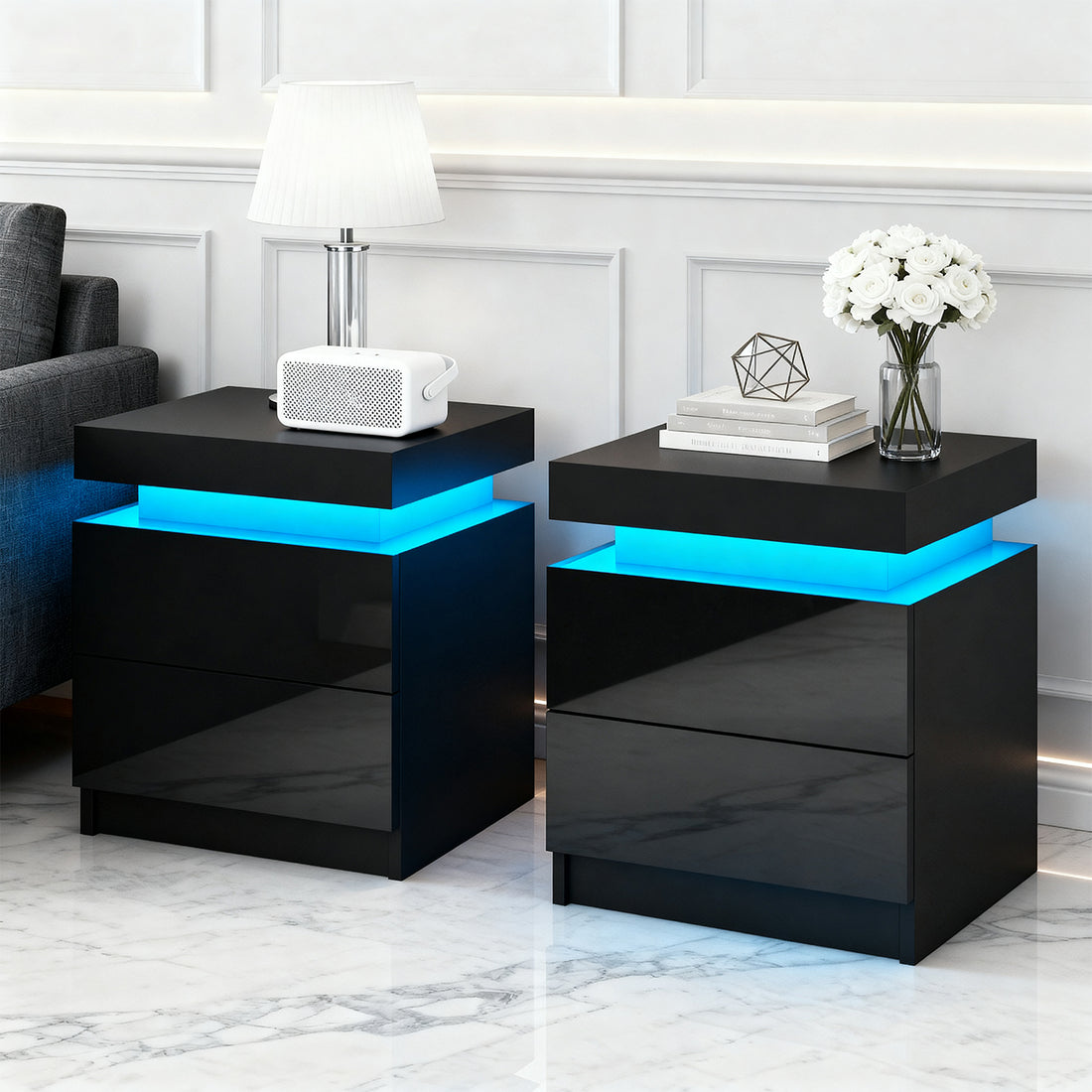 Artiss 2X Bedside Table LED 2 Drawers Lift-up Storage - COLEY Black-Furniture &gt; Bedroom &gt; Bedside Tables-PEROZ Accessories