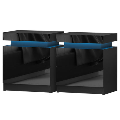 Artiss 2X Bedside Table LED 2 Drawers Lift-up Storage - COLEY Black-Furniture &gt; Bedroom &gt; Bedside Tables-PEROZ Accessories