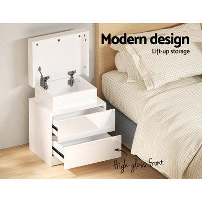 Artiss Bedside Table LED 2 Drawers Lift-up Storage - COLEY White-Bedside Tables-PEROZ Accessories