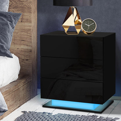 Artiss Bedside Table LED 3 Drawers - MORI Black-Bedside Tables-PEROZ Accessories