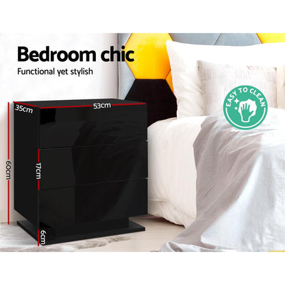 Artiss Bedside Table LED 3 Drawers - MORI Black-Bedside Tables-PEROZ Accessories