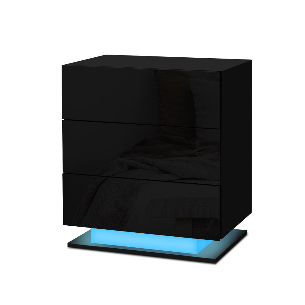 Artiss Bedside Table LED 3 Drawers - MORI Black-Bedside Tables-PEROZ Accessories