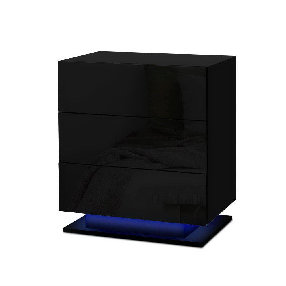 Artiss 2x Bedside Table LED 3 Drawers - MORI Black-Furniture &gt; Bedroom &gt; Bedside Tables-PEROZ Accessories