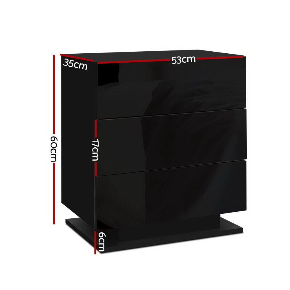 Artiss 2x Bedside Table LED 3 Drawers - MORI Black-Furniture &gt; Bedroom &gt; Bedside Tables-PEROZ Accessories