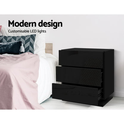 Artiss 2x Bedside Table LED 3 Drawers - MORI Black-Furniture &gt; Bedroom &gt; Bedside Tables-PEROZ Accessories