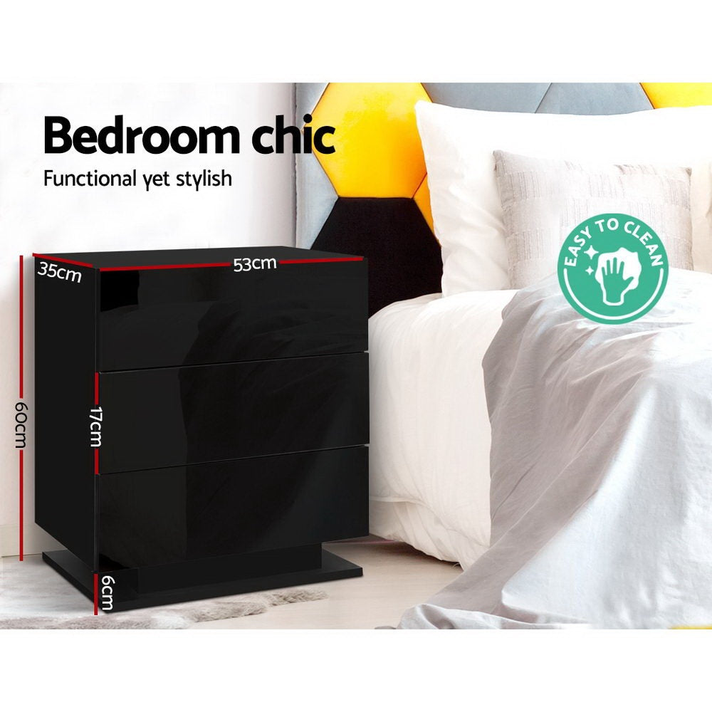 Artiss 2x Bedside Table LED 3 Drawers - MORI Black-Furniture &gt; Bedroom &gt; Bedside Tables-PEROZ Accessories