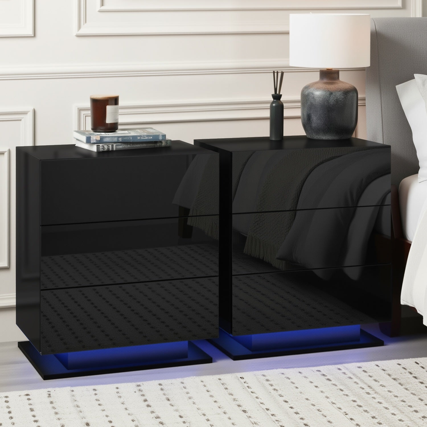 Artiss 2x Bedside Table LED 3 Drawers - MORI Black-Furniture &gt; Bedroom &gt; Bedside Tables-PEROZ Accessories
