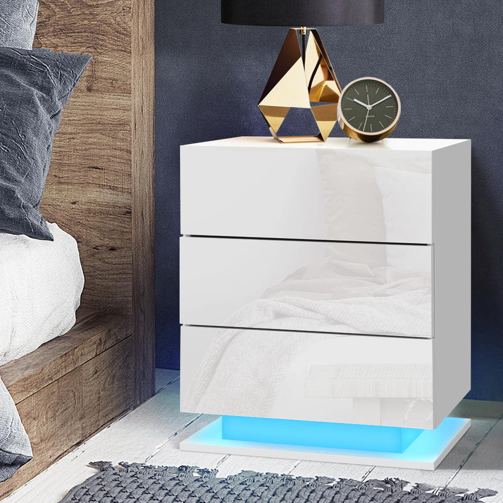 Artiss Bedside Table LED 3 Drawers - MORI White-Bedside Tables-PEROZ Accessories