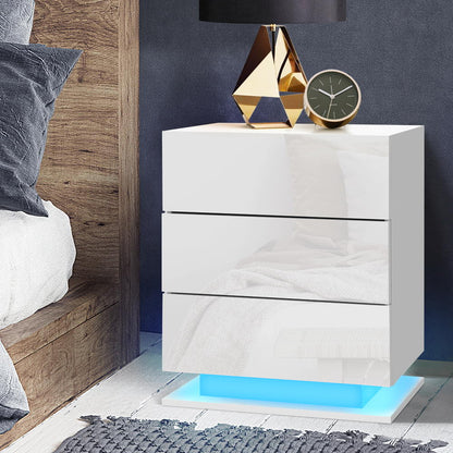 Artiss Bedside Table LED 3 Drawers - MORI White-Bedside Tables-PEROZ Accessories