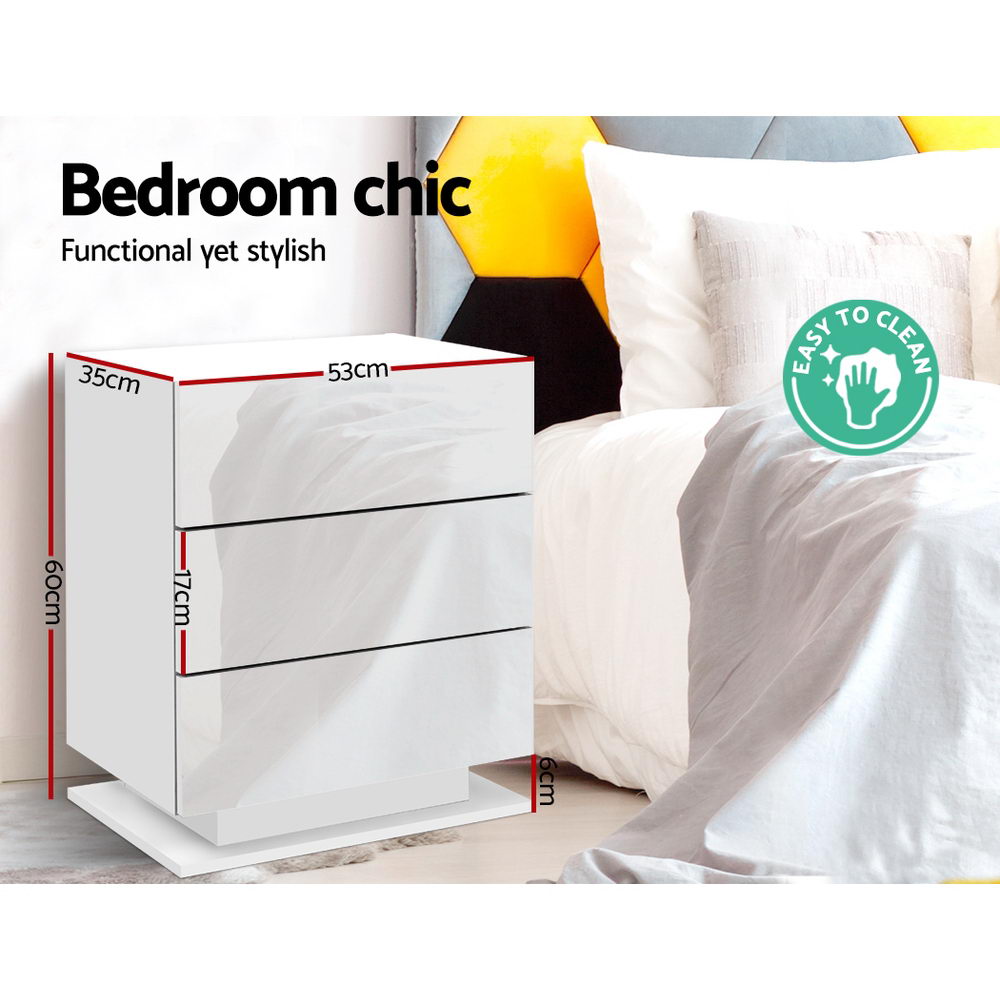 Artiss Bedside Table LED 3 Drawers - MORI White-Bedside Tables-PEROZ Accessories