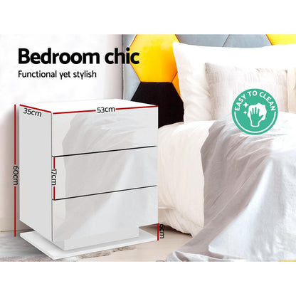 Artiss Bedside Table LED 3 Drawers - MORI White-Bedside Tables-PEROZ Accessories