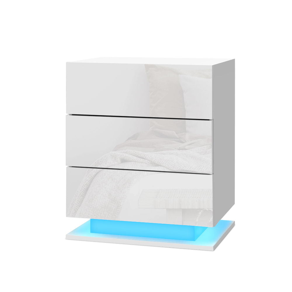 Artiss Bedside Table LED 3 Drawers - MORI White-Bedside Tables-PEROZ Accessories