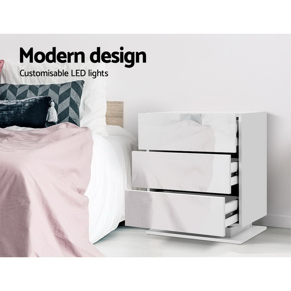 Artiss 2x Bedside Table LED 3 Drawers - MORI White-Furniture &gt; Bedroom &gt; Bedside Tables-PEROZ Accessories