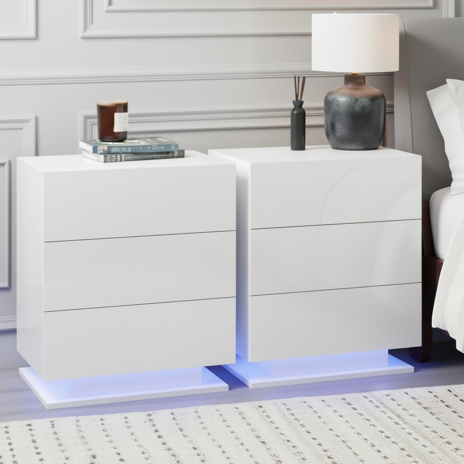 Artiss 2x Bedside Table LED 3 Drawers - MORI White-Furniture &gt; Bedroom &gt; Bedside Tables-PEROZ Accessories