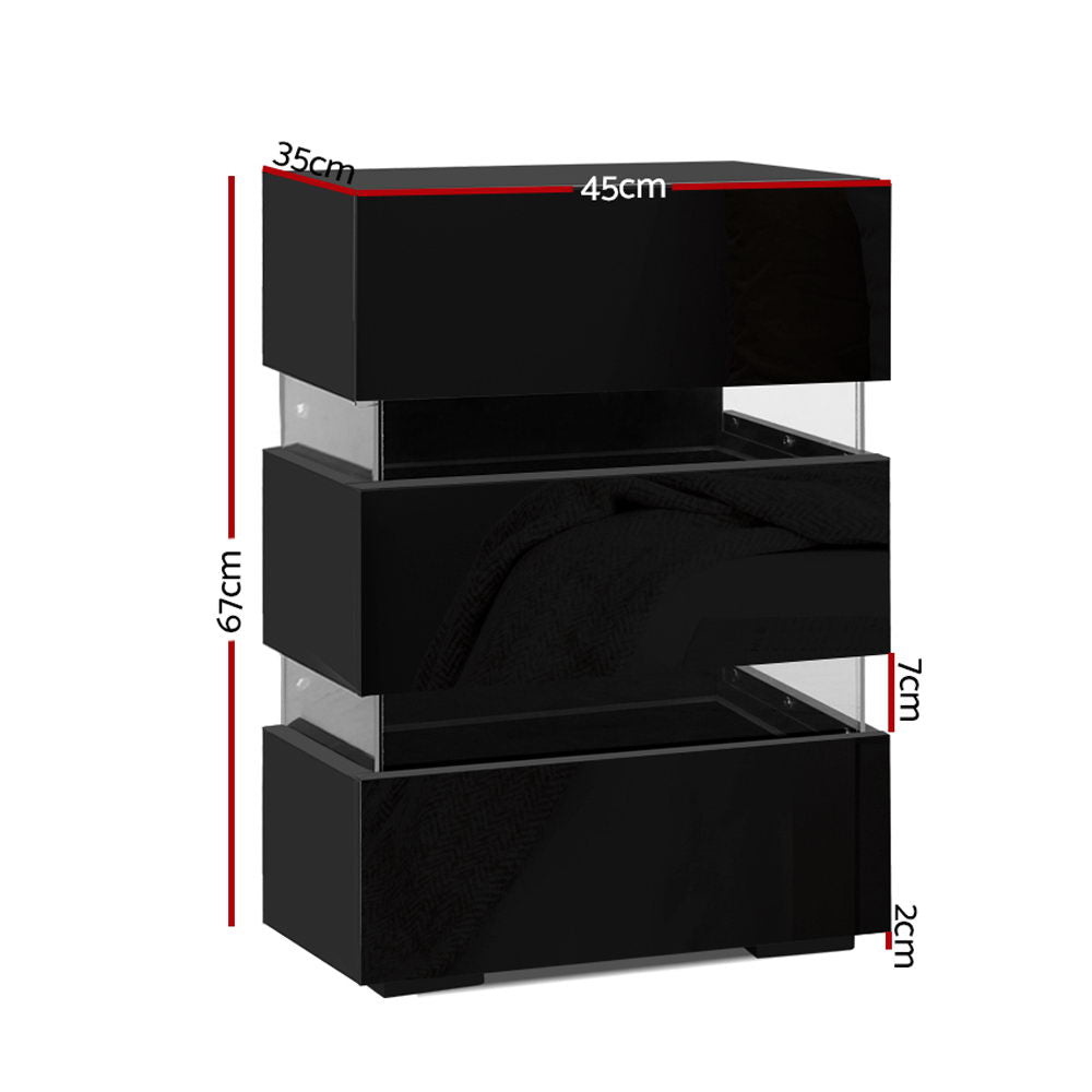 Artiss Bedside Table LED 3 Drawers - LUMI Black-Bedside Tables-PEROZ Accessories