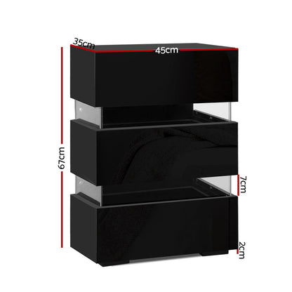 Artiss Bedside Table LED 3 Drawers - LUMI Black-Bedside Tables-PEROZ Accessories