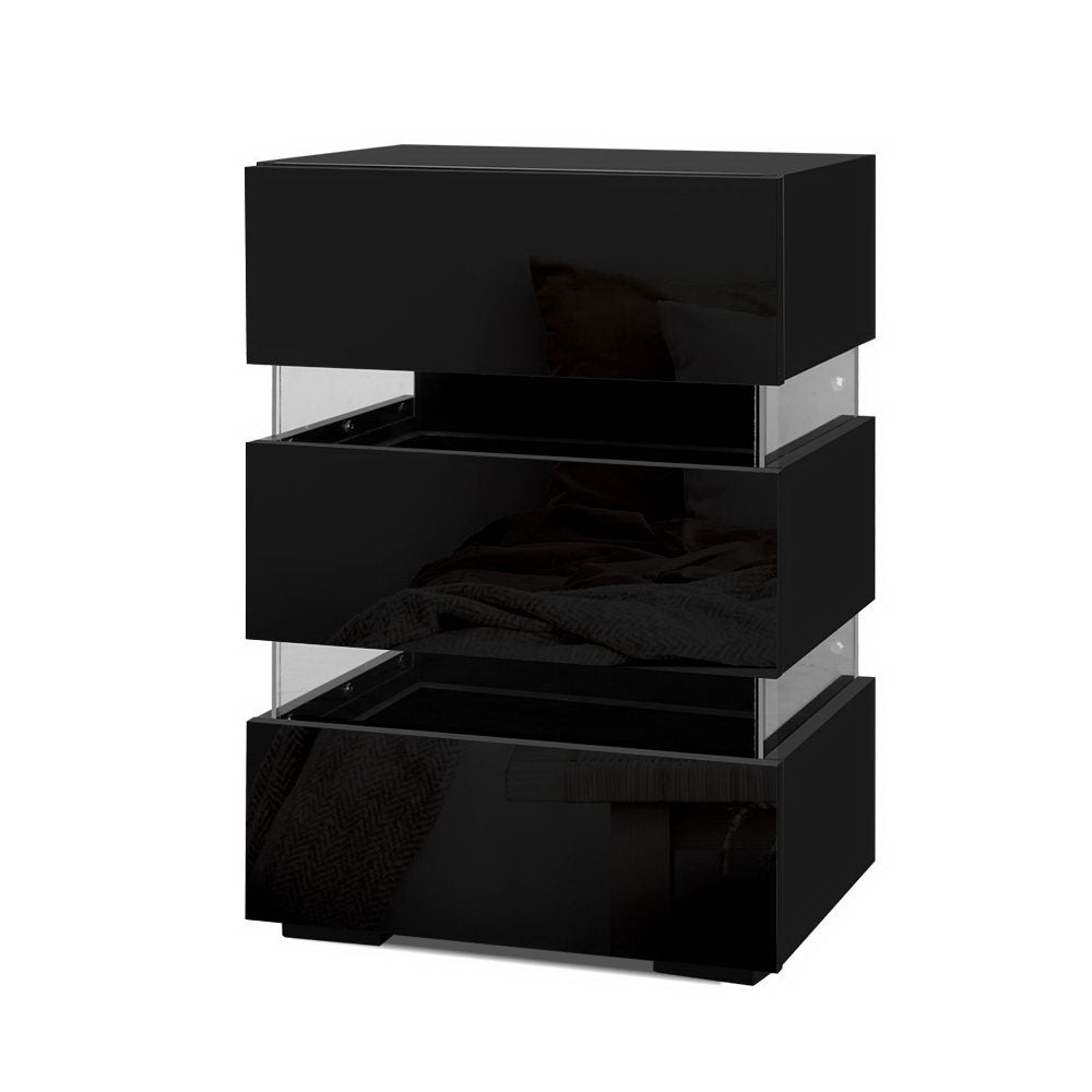 Artiss 2x Bedside Table LED 3 Drawers - LUMI Black-Furniture &gt; Bedroom &gt; Bedside Tables-PEROZ Accessories