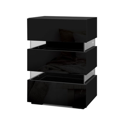 Artiss 2x Bedside Table LED 3 Drawers - LUMI Black-Furniture &gt; Bedroom &gt; Bedside Tables-PEROZ Accessories