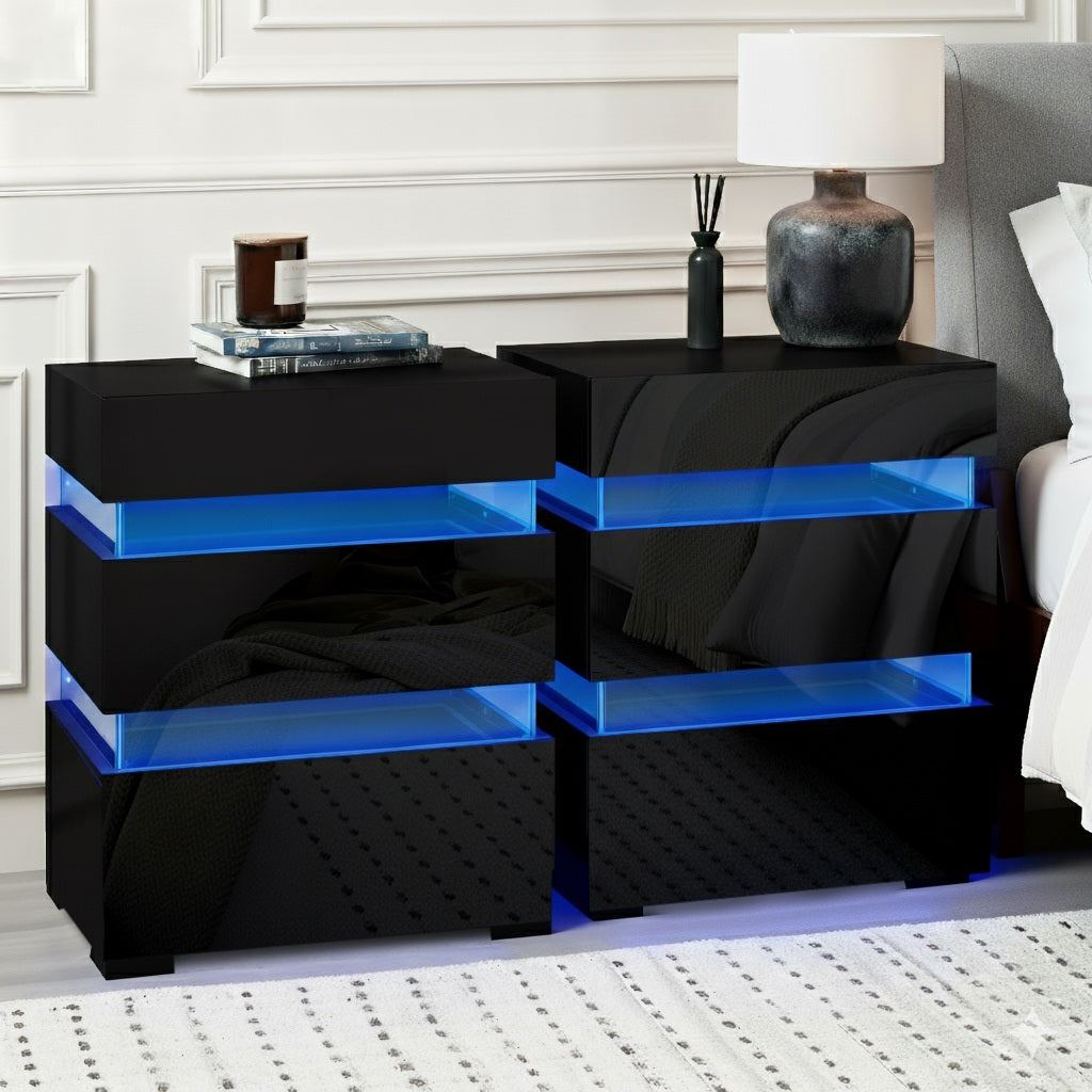 Artiss 2x Bedside Table LED 3 Drawers - LUMI Black-Furniture &gt; Bedroom &gt; Bedside Tables-PEROZ Accessories