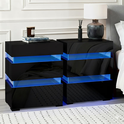 Artiss 2x Bedside Table LED 3 Drawers - LUMI Black-Furniture &gt; Bedroom &gt; Bedside Tables-PEROZ Accessories