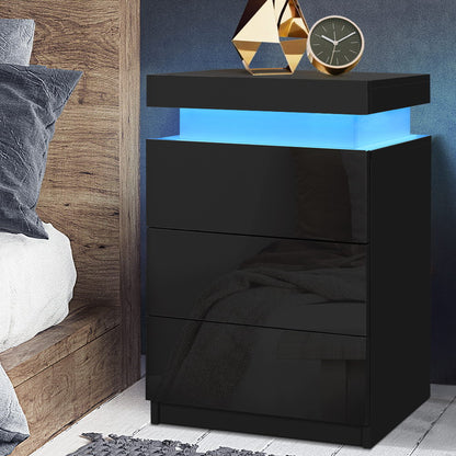Artiss Bedside Table LED 3 Drawers - COLEY Black-Bedside Tables-PEROZ Accessories
