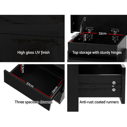 Artiss Bedside Table LED 3 Drawers - COLEY Black-Bedside Tables-PEROZ Accessories