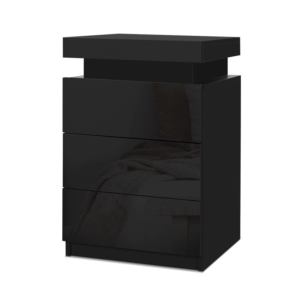 Artiss Bedside Table LED 3 Drawers - COLEY Black-Bedside Tables-PEROZ Accessories