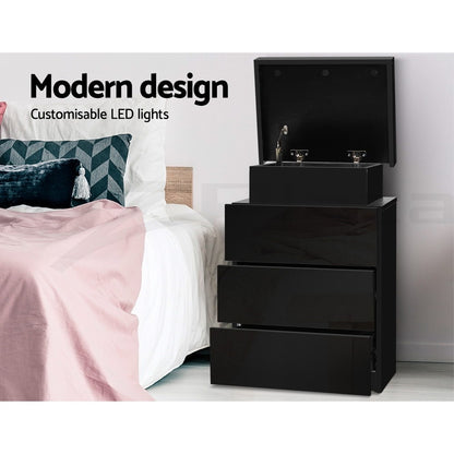 Artiss 2X Bedside Table LED 3 Drawers - COLEY Black-Furniture &gt; Bedroom &gt; Bedside Tables-PEROZ Accessories