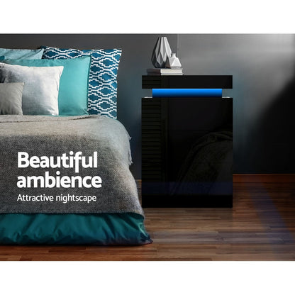 Artiss 2X Bedside Table LED 3 Drawers - COLEY Black-Furniture &gt; Bedroom &gt; Bedside Tables-PEROZ Accessories