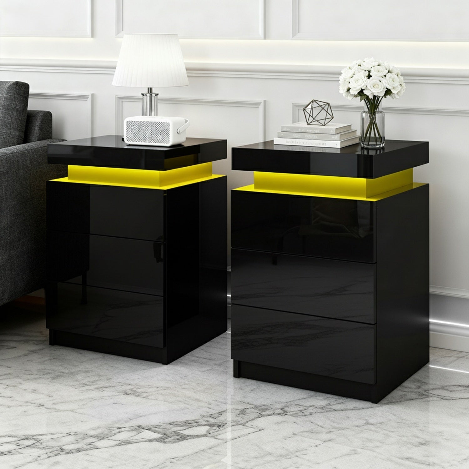 Artiss 2X Bedside Table LED 3 Drawers - COLEY Black-Furniture &gt; Bedroom &gt; Bedside Tables-PEROZ Accessories