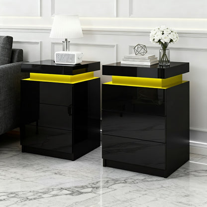 Artiss 2X Bedside Table LED 3 Drawers - COLEY Black-Furniture &gt; Bedroom &gt; Bedside Tables-PEROZ Accessories