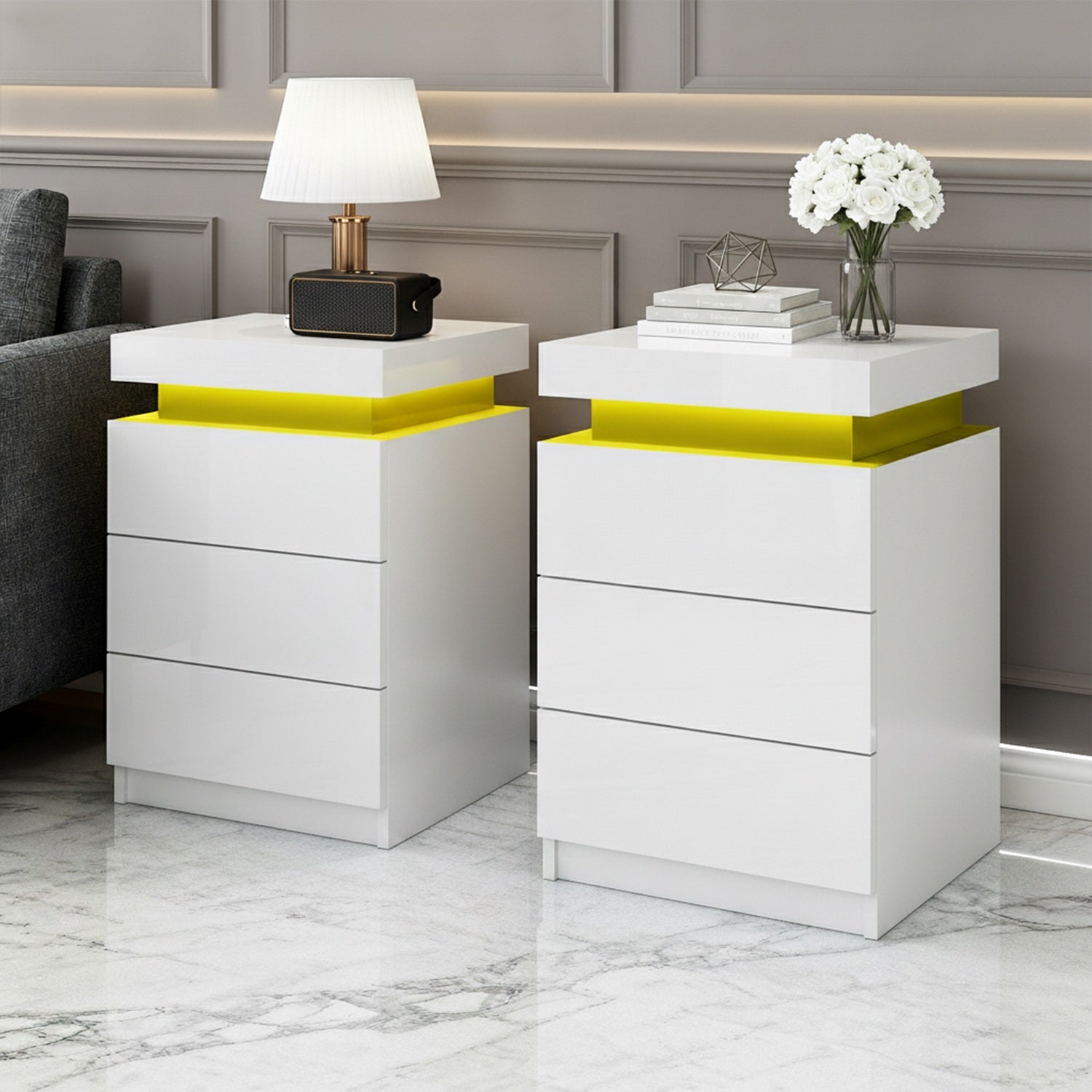 Artiss 2X Bedside Table LED 3 Drawers - COLEY White-Furniture &gt; Bedroom &gt; Bedside Tables-PEROZ Accessories