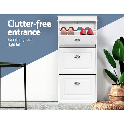 Artiss Shoe Rack Cabinet 18 Pairs 3-tier White Sena-Shoe Storage Cabinets-PEROZ Accessories