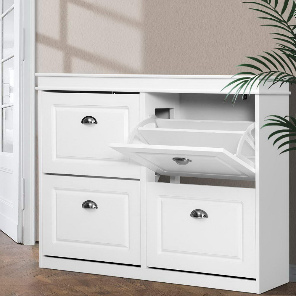 Artiss Shoe Rack Cabinet 16 Pairs 4-tier White Paul-Shoe Storage Cabinets-PEROZ Accessories
