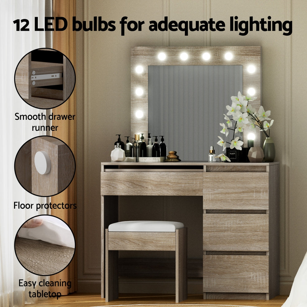 Artiss Dressing Table Set Stool 12 Led Bulbs Wood-Furniture &gt; Bedroom &gt; Dressing Vanity &amp; Dressing Tables-PEROZ Accessories