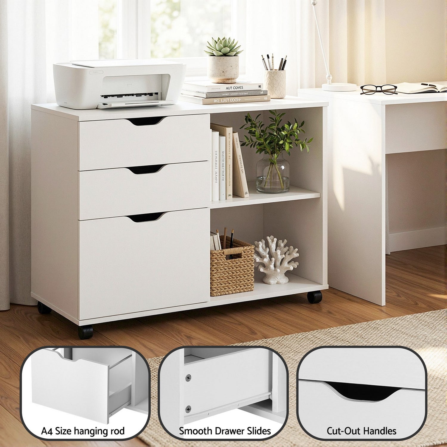 Artiss 3 Drawer Mobile Filing Cabinet Printer Stand Cabinet Home Office Storage White-Furniture > Office > Storage Cabinets-PEROZ Accessories