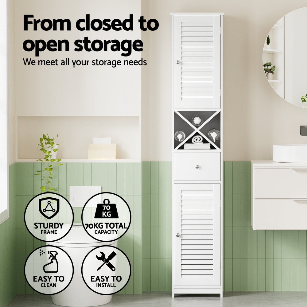 Artiss Bathroom Storage Cabinet 170cm Tall Slim Organiser Toilet Corner Adjustable Shelf Louver Door White-Furniture &gt; Bathroom &gt; Bathroom Cabinets, Cupboards &amp; Storage-PEROZ Accessories