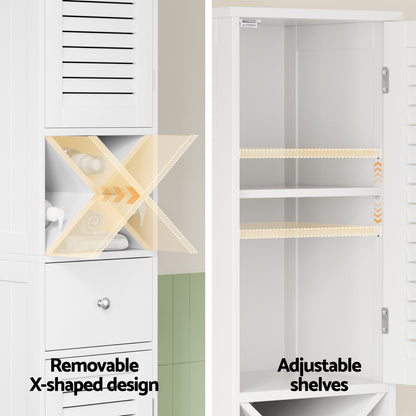 Artiss Bathroom Storage Cabinet 170cm Tall Slim Organiser Toilet Corner Adjustable Shelf Louver Door White-Furniture &gt; Bathroom &gt; Bathroom Cabinets, Cupboards &amp; Storage-PEROZ Accessories