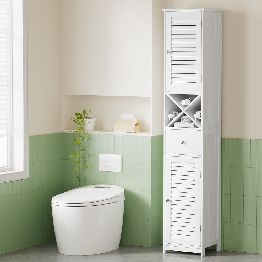 Artiss Bathroom Storage Cabinet 170cm Tall Slim Organiser Toilet Corner Adjustable Shelf Louver Door White-Furniture &gt; Bathroom &gt; Bathroom Cabinets, Cupboards &amp; Storage-PEROZ Accessories