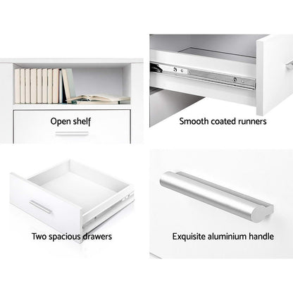 Artiss 2 X Bedside Table 2 Drawers with Shelf - TARA White-Furniture &gt; Bedroom &gt; Bedside Tables-PEROZ Accessories