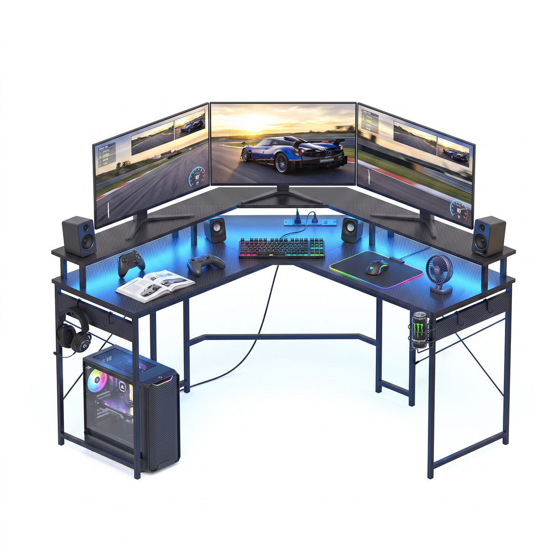 Artiss L-Shape Gaming Desk Computer Desks RGB LED Power Outlet 130cm Black-Furniture > Office > Desks-PEROZ Accessories