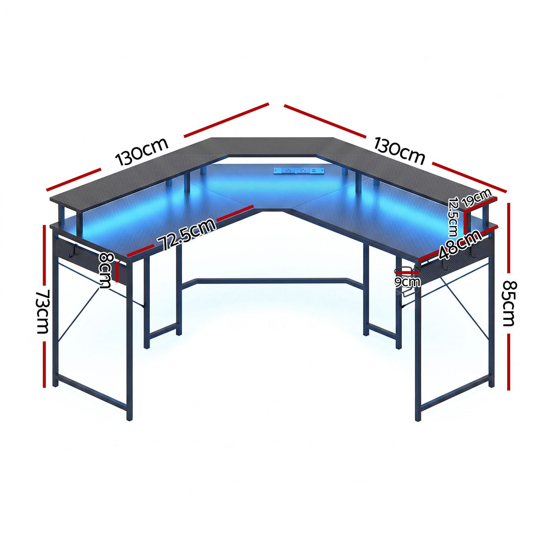 Artiss L-Shape Gaming Desk Computer Desks RGB LED Power Outlet 130cm Black-Furniture > Office > Desks-PEROZ Accessories
