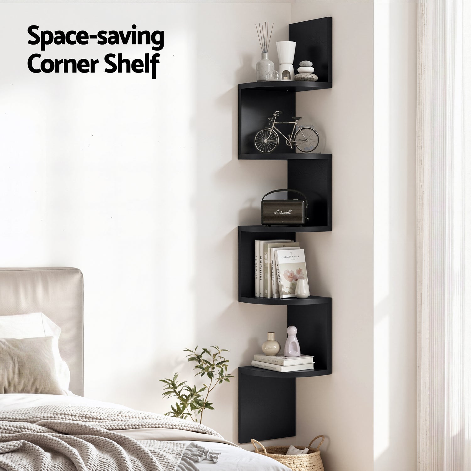 Artiss Wall Shelf Bookshelf Corner Floating 5-Tier Black-Furniture > Living Room > Bookcases &amp; Shelves-PEROZ Accessories