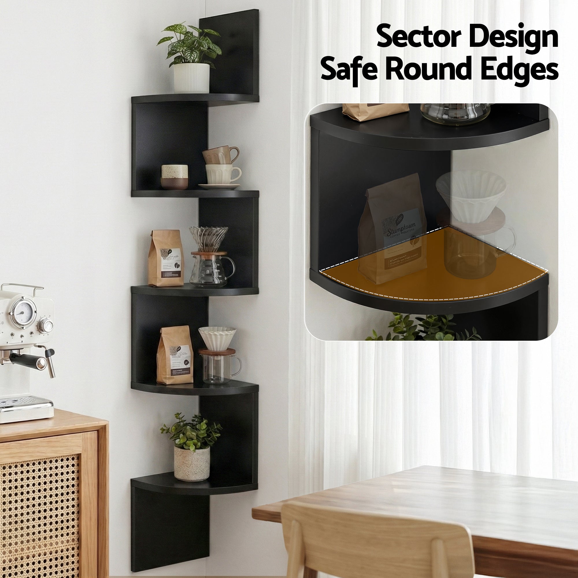Artiss Wall Shelf Bookshelf Corner Floating 5-Tier Black-Furniture > Living Room > Bookcases &amp; Shelves-PEROZ Accessories