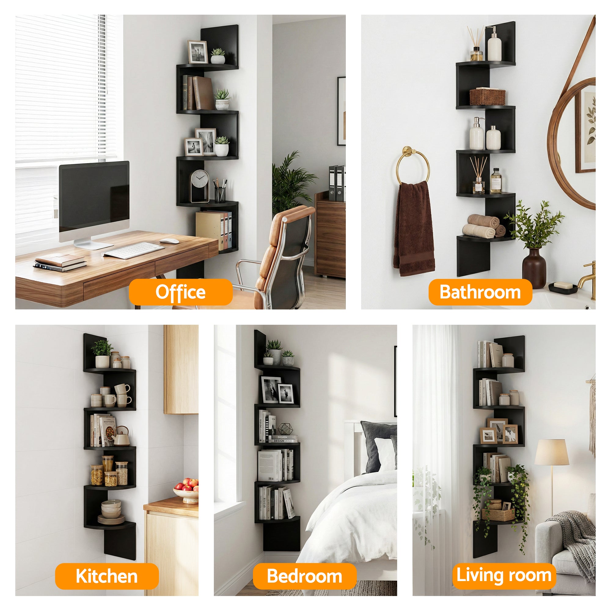 Artiss Wall Shelf Bookshelf Corner Floating 5-Tier Black-Furniture > Living Room > Bookcases &amp; Shelves-PEROZ Accessories