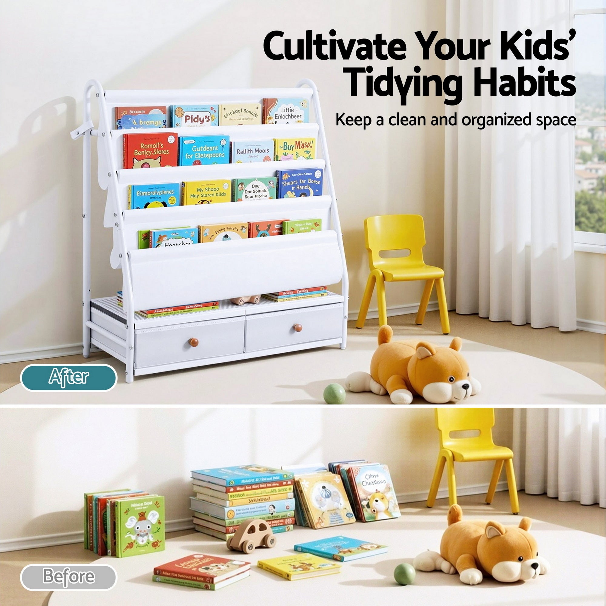 Keezi Kids Bookshelf Metal Storage Rack Toy Organiser Display Shelf Drawer White-Baby &amp; Kids > Kid&