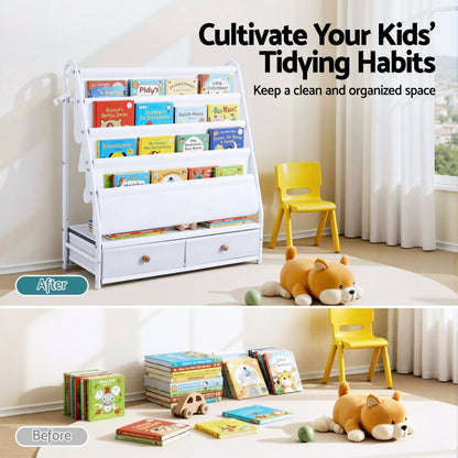 Keezi Kids Bookshelf Metal Storage Rack Toy Organiser Display Shelf Drawer White-Baby &amp; Kids > Kid&