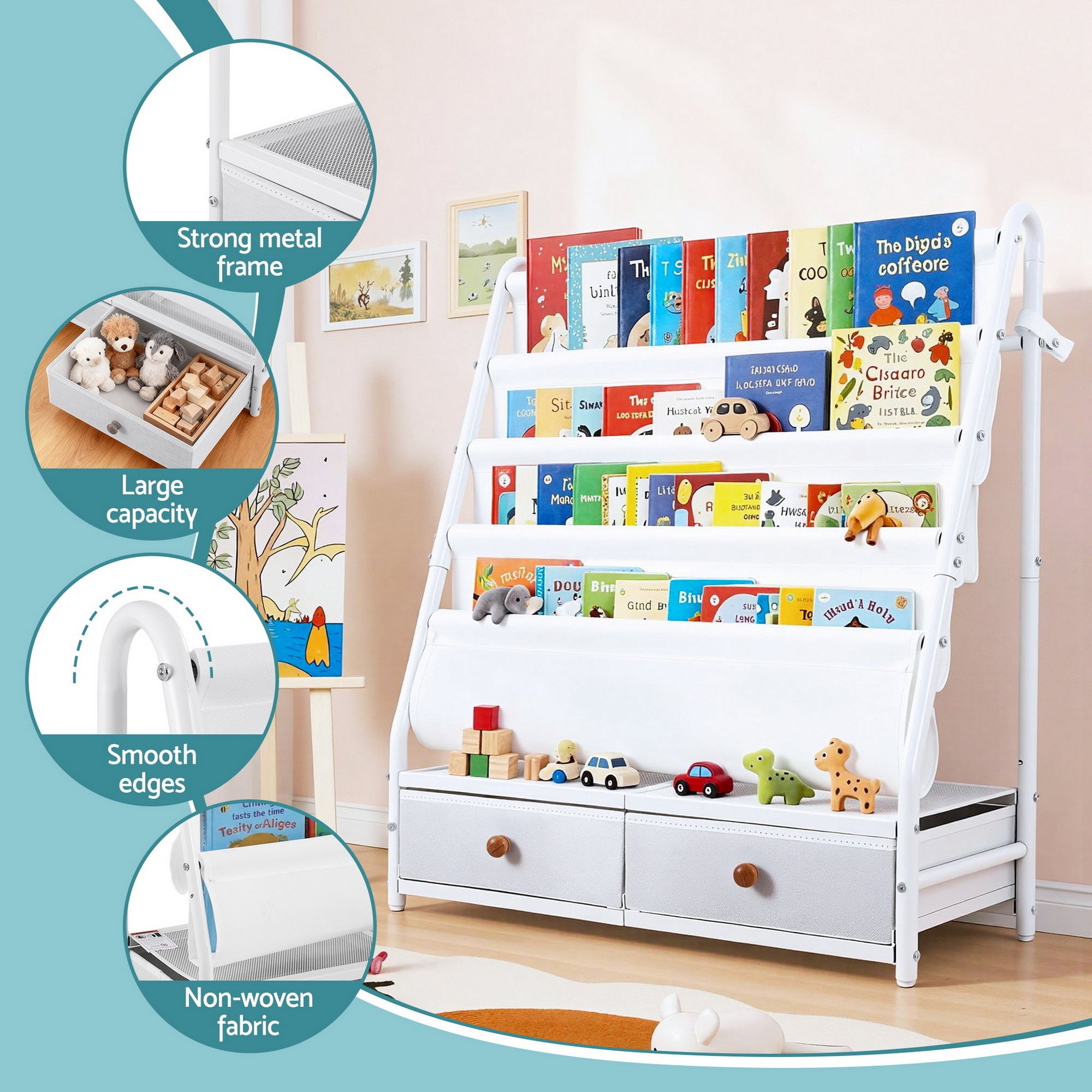 Keezi Kids Bookshelf Metal Storage Rack Toy Organiser Display Shelf Drawer White-Baby &amp; Kids > Kid&