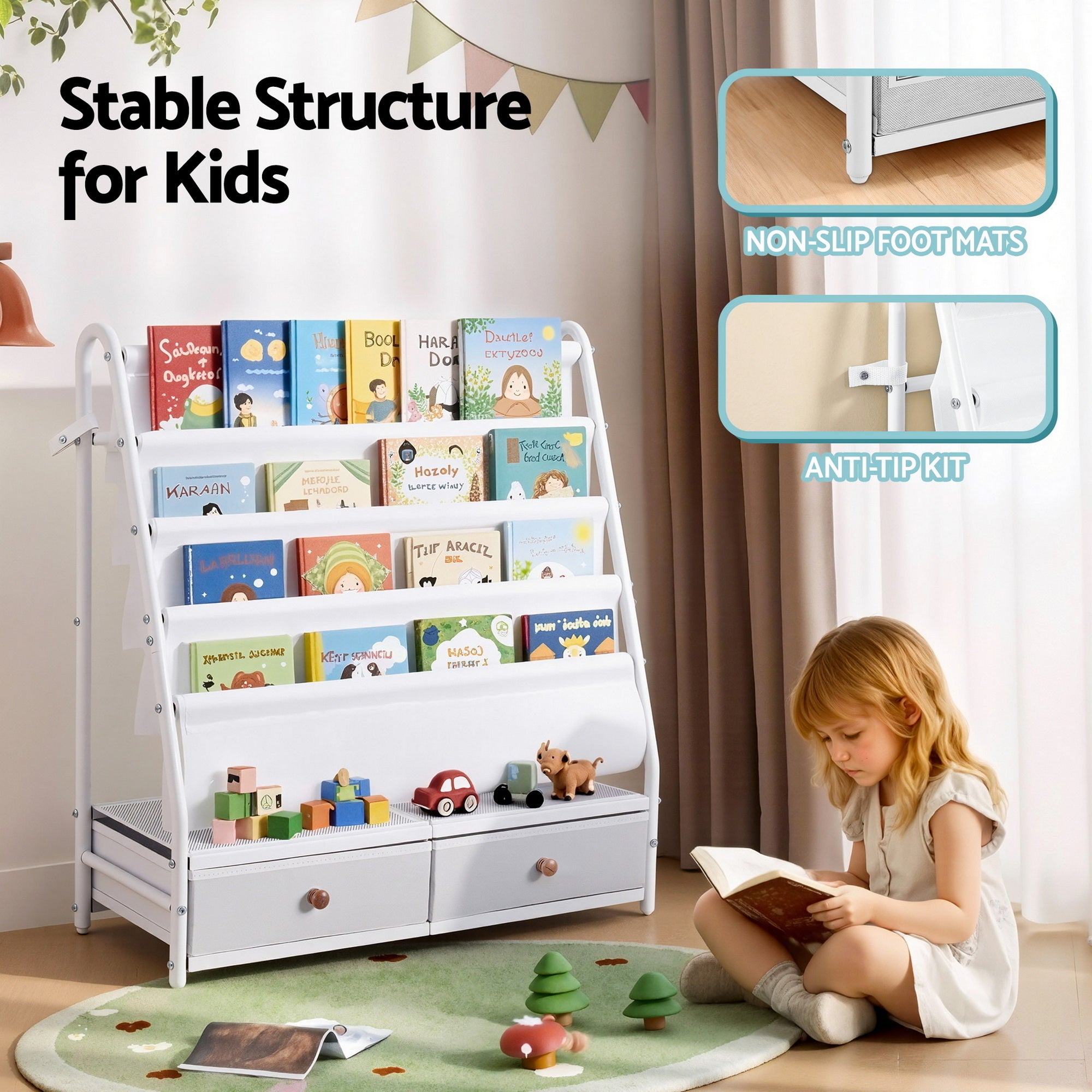 Keezi Kids Bookshelf Metal Storage Rack Toy Organiser Display Shelf Drawer White-Baby &amp; Kids > Kid&